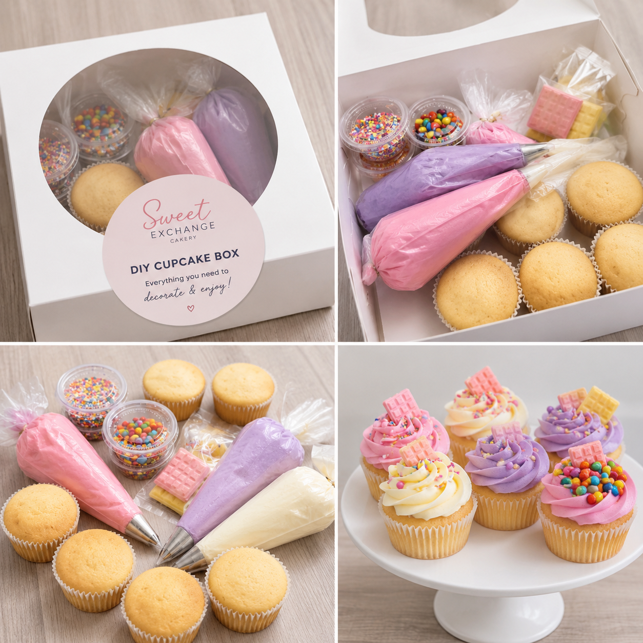 DIY cupcake decorating kit with cupcakes, piping bags, sprinkles and lollies