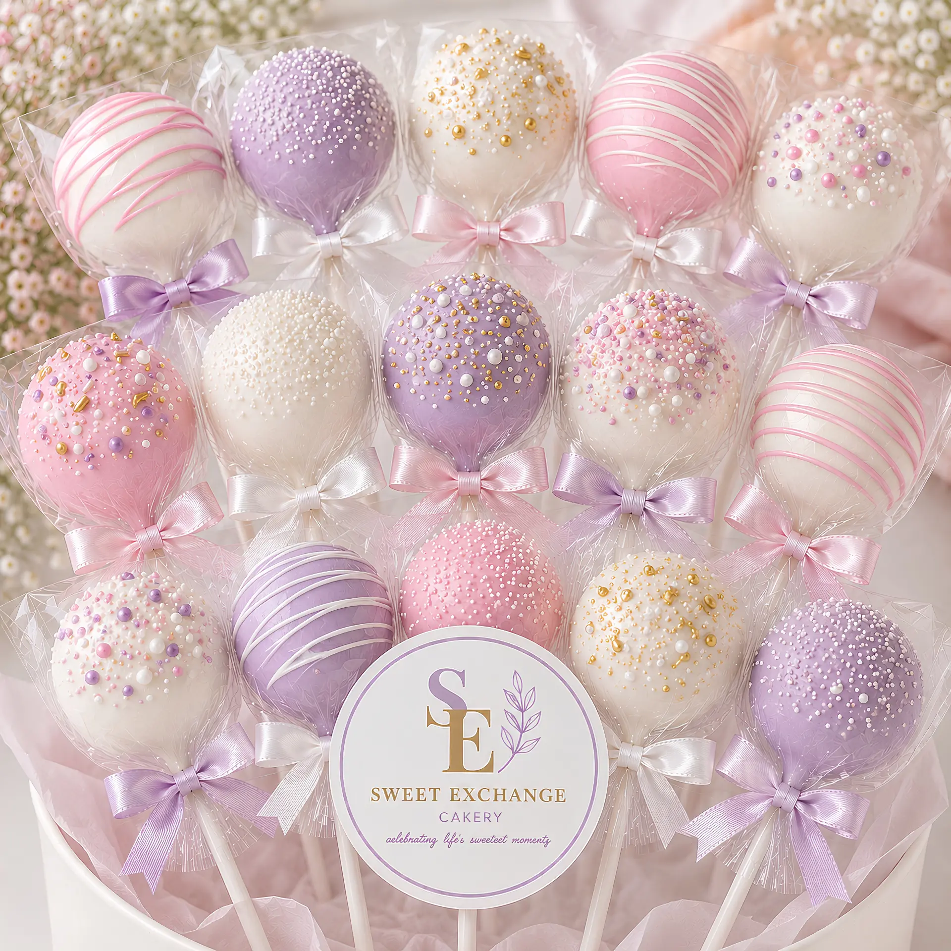 Decorated cake pops on sticks tied with ribbon