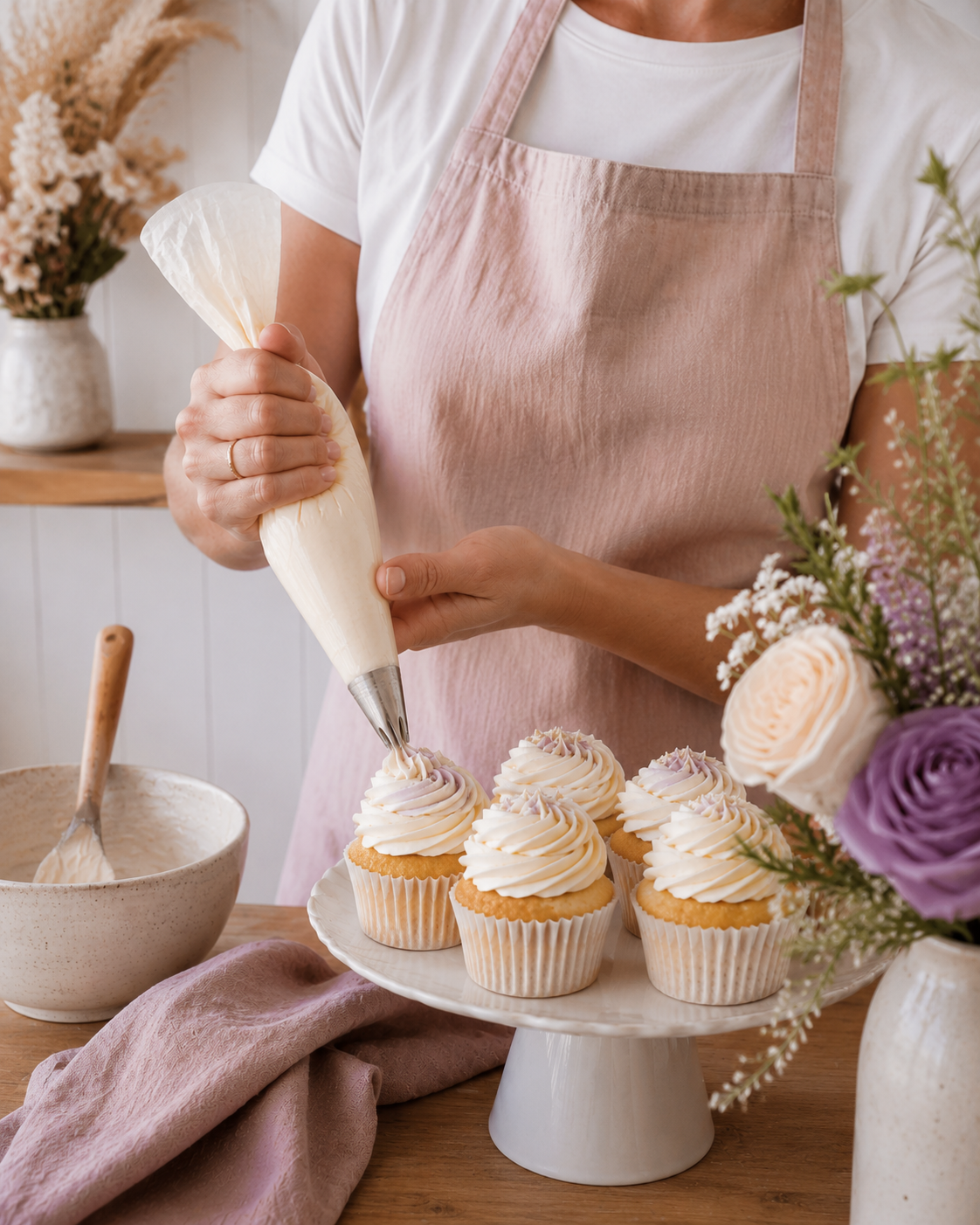 Bec hand-piping swirled buttercream onto cupcakes in the Sweet Exchange Cakery studio