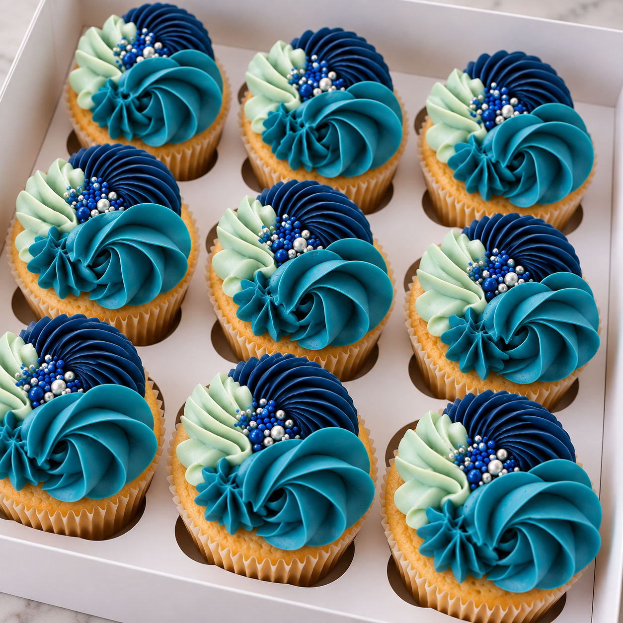 Boxed classic cupcakes topped with swirled buttercream