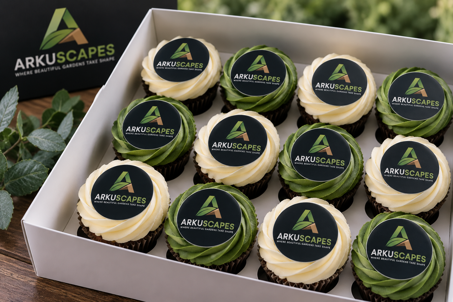 Branded corporate cupcakes with edible logo prints for a workplace event