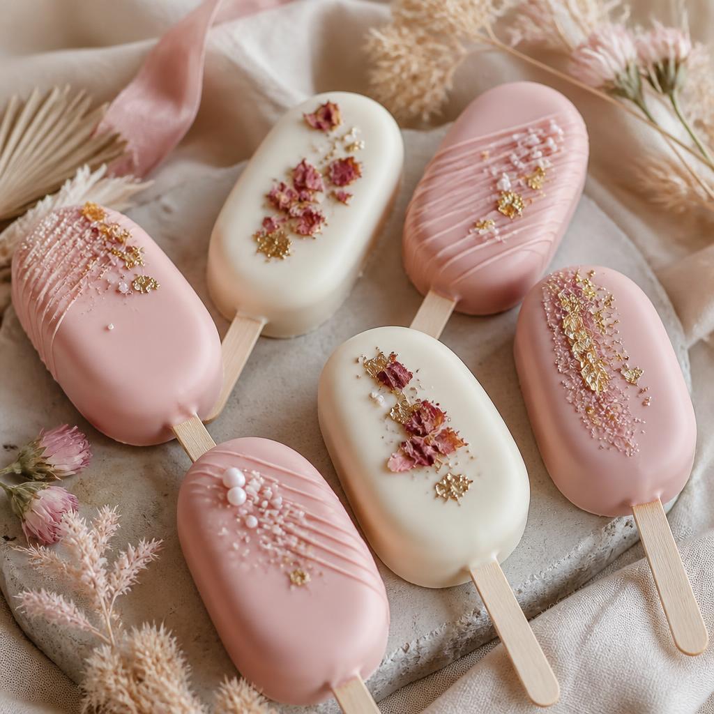 Hand-decorated cakesicles finished with chocolate drizzle