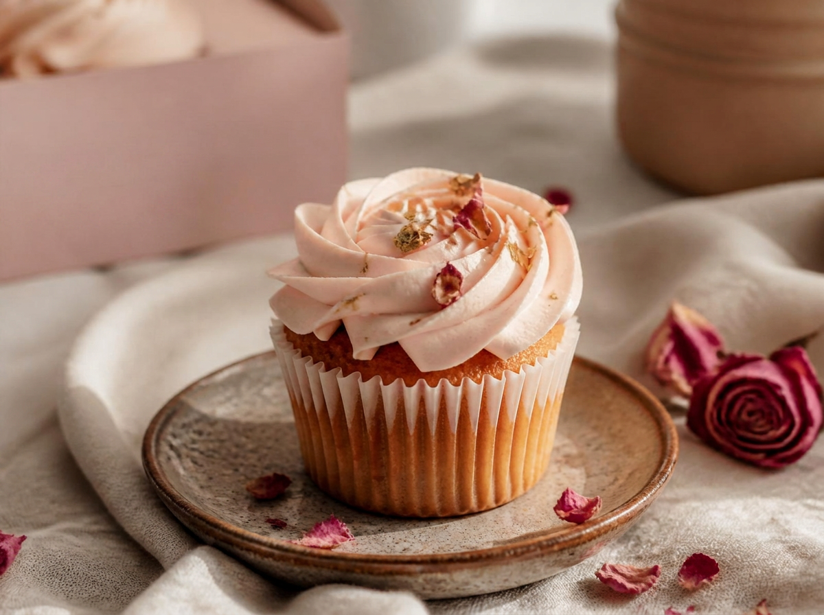 Handmade cupcake finished with rose buttercream and gold leaf on soft linen